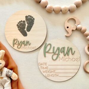 nazenti personalized wooden baby name announcement signs, custom baby name sign, birth announcement and footprint sign for hospital, baby girl or boy, welcome signs, baby arrival sign, baby shower gifts (#design 5)