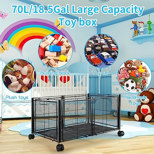 Foldable Large Toy Storage and Organizer with 4 Slient Wheels, Rolling Toy Chest for Baby Boys Girls,72L Metal Collapsible Toy Storage Bin, 1-Minute Assembly Toy bin- 1 Pack