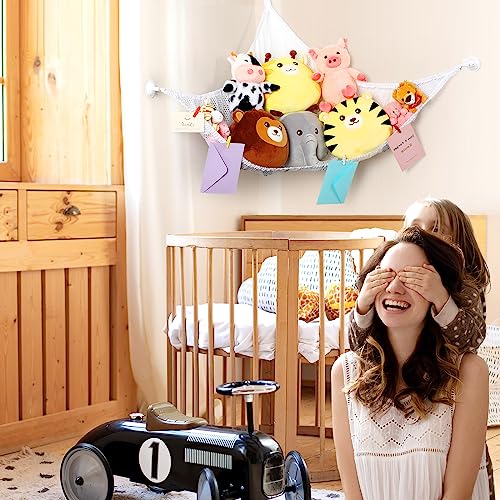 Berlune 2 Set Stuffed Animal Net or Hammock with LED Light, Stuffed Animal Storage Stuffed Animal Hammock Corner Toy Hammock Stuffed Animal Organizer with Clips Hooks for Bedroom Nursery Decor