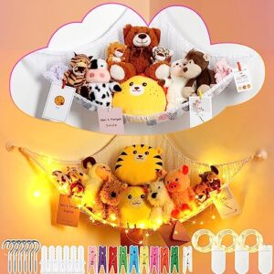 berlune 2 set stuffed animal net or hammock with led light, stuffed animal storage stuffed animal hammock corner toy hammock stuffed animal organizer with clips hooks for bedroom nursery decor