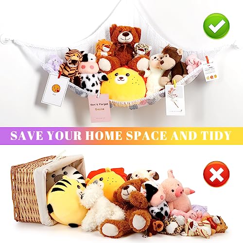 Berlune 2 Set Stuffed Animal Net or Hammock with LED Light, Stuffed Animal Storage Stuffed Animal Hammock Corner Toy Hammock Stuffed Animal Organizer with Clips Hooks for Bedroom Nursery Decor