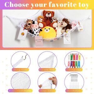 Berlune 2 Set Stuffed Animal Net or Hammock with LED Light, Stuffed Animal Storage Stuffed Animal Hammock Corner Toy Hammock Stuffed Animal Organizer with Clips Hooks for Bedroom Nursery Decor