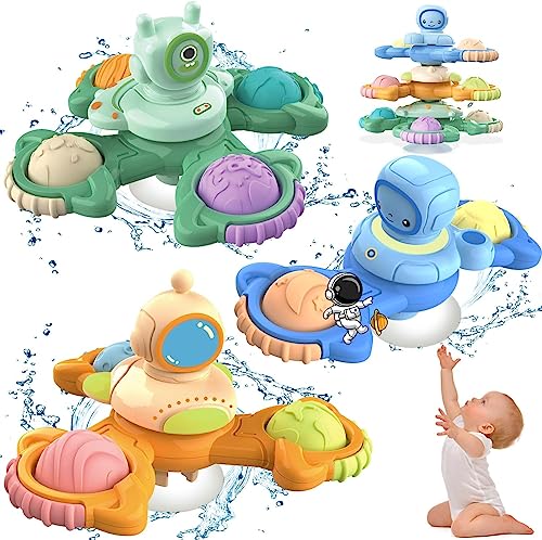 Saeifin 3Pcs Suction Cup Spinner Toy for Baby, Spinners for 2 Year Old Boy Girl, Plane Travel Toddler Sensory Toy, Birthday Gift for 18 Month, Window Toys for Infant