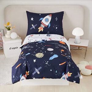 perfemet 4 pcs toddler bedding dark blue outer space printed toddler bed set with kids sheets reversible planet rocket pattern bed in a bag(dark blue, planet/rocket)