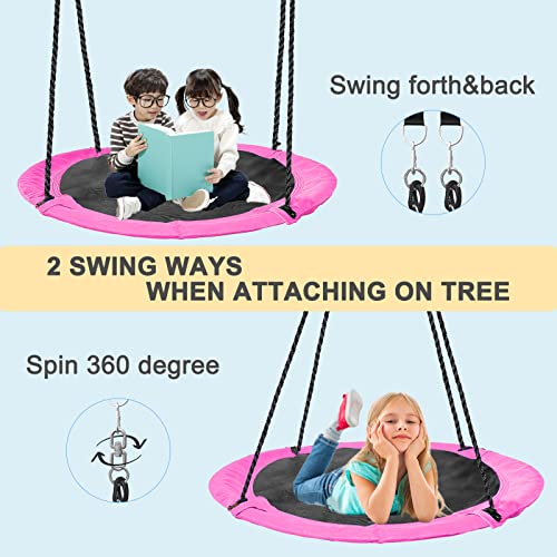 43” 700lbs Saucer Tree Swing,All-Weather Resistant Textilene Swing,360 Degree Spin,w/ 1 Swivel,2 Adjustable Ropes&Long Straps,Easy to Install,Comfortable for Kids Backyard,Playground (Pink)