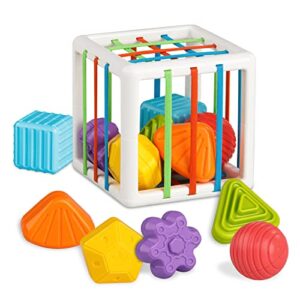 aprilwolf montessori toys for 1 year old, storage cube bin & 6 sensory shape blocks, baby toys 6-12-18 months, developmental toys, fine motor skills, infant birthday gifts toddler boy girl age 1 2 3