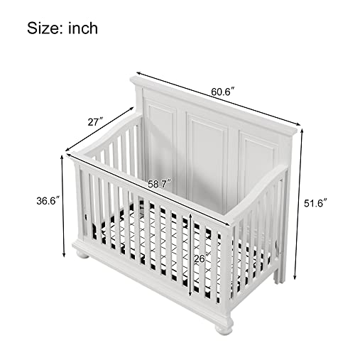 Pvillez Farmhouse Style 4-in-1 Convertible Crib, Full Size Convertible Crib, Converts from Baby Crib to Toddler Bed, Daybed and Full-Size Bed, 3 Mattress Height Settings (White)