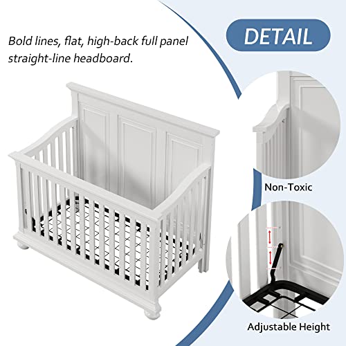 Pvillez Farmhouse Style 4-in-1 Convertible Crib, Full Size Convertible Crib, Converts from Baby Crib to Toddler Bed, Daybed and Full-Size Bed, 3 Mattress Height Settings (White)