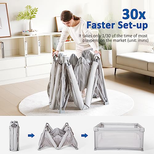 Sweeby Baby Playpen, Portable Foldable Baby PlayPens for Babies and Toddlers with Gate, 59x59 Large Baby Play Yards with Door, Indoor & Outdoor Playpen, Light Grey