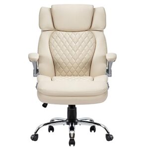 HOMYEDAMIC High Back Office Chair with Adjustable Arms, PU Leather Computer Executive Chairs Big Tall Swivel Ergonomic Adjustable Tilt Angle, Wide Thick Seat, Design for Back Pain(Beige)