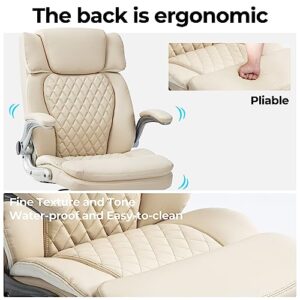 HOMYEDAMIC High Back Office Chair with Adjustable Arms, PU Leather Computer Executive Chairs Big Tall Swivel Ergonomic Adjustable Tilt Angle, Wide Thick Seat, Design for Back Pain(Beige)