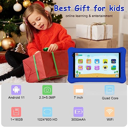 YQSAVIOR Kids Tablet 7 inch, Android 11 Tablet for Kids, 16GB Toddler Tablet with Bluetooth, IPS Screen, Parental Control, Kids Software PreInstalled, Dual Camera Shockproof Case for Education (Blue)