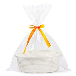 pro goleem small woven basket with gift bags and ribbons durable baskets for gifts empty small rope basket for storage 12"x 8" x 5" baby toy basket with handles,white