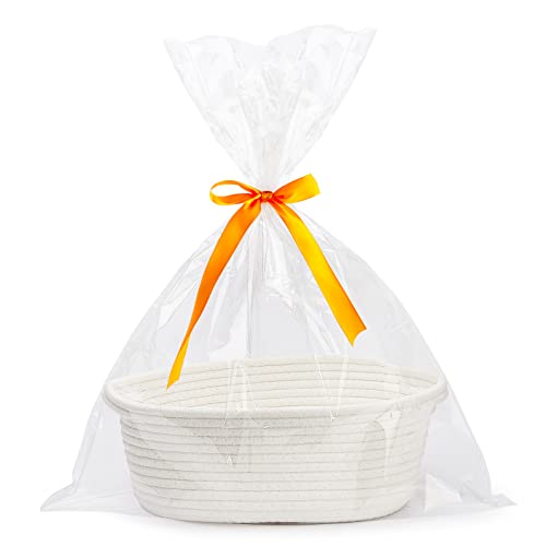 Pro Goleem Small Woven Basket with Gift Bags and Ribbons Durable Baskets for Gifts Empty Small Rope Basket for Storage 12"X 8" X 5" Baby Toy Basket with Handles,White