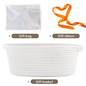 Pro Goleem Small Woven Basket with Gift Bags and Ribbons Durable Baskets for Gifts Empty Small Rope Basket for Storage 12"X 8" X 5" Baby Toy Basket with Handles,White