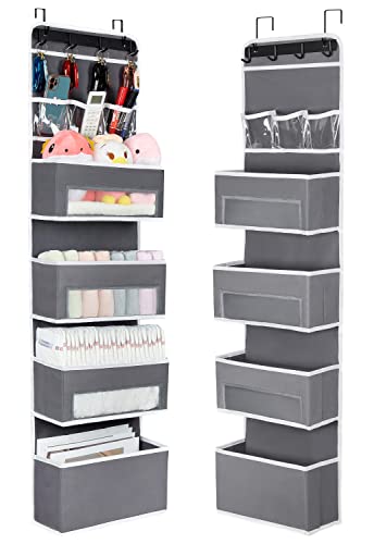 Over the Door Organizer, Nursery Door Organizer Hanging with 4 Large Capacity Pockets and Clear Windows, Behind the Door Storage Organizer with 3 PVC Pockets for Cosmetics, Baby Toys, Diaper, Clothes