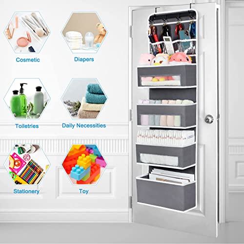 Over the Door Organizer, Nursery Door Organizer Hanging with 4 Large Capacity Pockets and Clear Windows, Behind the Door Storage Organizer with 3 PVC Pockets for Cosmetics, Baby Toys, Diaper, Clothes