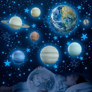 Glow in The Dark Stars Solar System Wall Decals, The Earth Wall Stickers for Bedroom, Baby Nursery Planets Sticker Decoration for Ceiling (Blue)