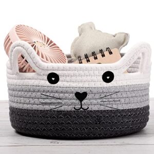 cat basket storage woven basket organizer with ears decorative pet toy cute basket cotton rope basket for gifts cat dog toy bin nursery room kids toy (white, light gray and gray, 8.3 x 4.7 inch)
