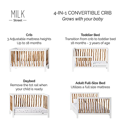 Milk Street Baby 4 in 1 Convertible Baby Crib | Converts to Toddler Bed, Daybed and Full-Size Bed, Fits Standard Full-Size Crib Mattress, 100% Solid Wood, White & Natural