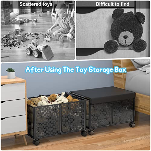 BSSOYAMM Toy Box Storage with Wheels, Toy Chest Storage Organizer with Lid, Collapsible Sturdy Metal Toy Bins for Kids, 90L Toy Storage for Nursery, Playroom, Bedroom