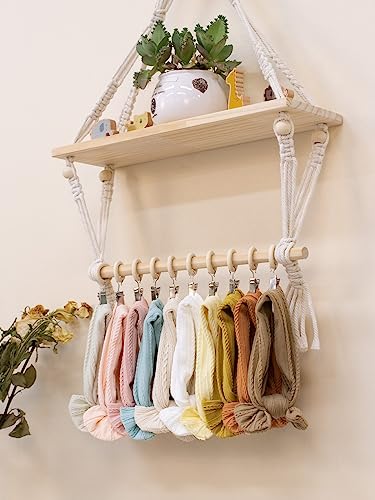 POVETIRE Macrame Hanging Shelves for Nursery for Nursery,Boho Baby Headband Holder Organizer Rope Decor Wall Hanging Decor for Toddler Girls Room