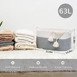 Goodpick Large Toy Storage Basket, 65L Grey Cotton Rope Basket Toy Storage Bin for Baby, Kids, Woven Storage Basket with Handle for Laundry, Living Room, Nursery, Bedroom, 21.6" x 14.9" x 11.8"