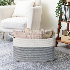 Goodpick Large Toy Storage Basket, 65L Grey Cotton Rope Basket Toy Storage Bin for Baby, Kids, Woven Storage Basket with Handle for Laundry, Living Room, Nursery, Bedroom, 21.6" x 14.9" x 11.8"