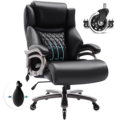 Big and Tall 400lbs Office Chair- Adjustable Lumbar Support Quiet Rubber Wheels Heavy Duty Metal Base, High Back Large Executive Computer Desk Chair, Thick Padded Ergonomic Chair for Office, Black