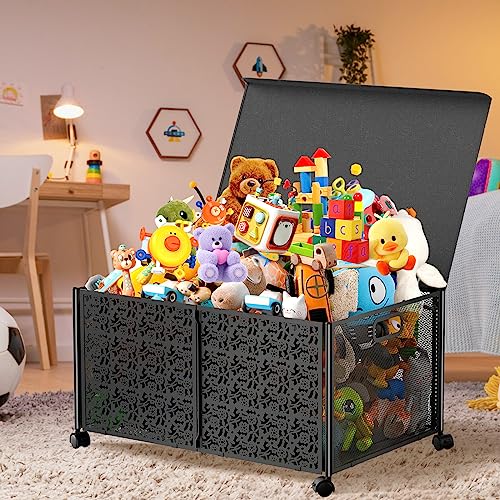 Yoleduo Toy Box Chest Storage Organizer with Lid Collapsible Metal Sturdy Toy Storage Bins with Wheels Storage Boxes Bins Baskets for Kids, Boys, Girls (1 piece, Black)