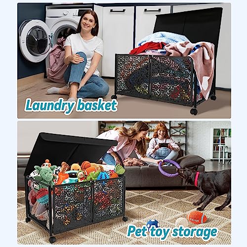 Yoleduo Toy Box Chest Storage Organizer with Lid Collapsible Metal Sturdy Toy Storage Bins with Wheels Storage Boxes Bins Baskets for Kids, Boys, Girls (1 piece, Black)