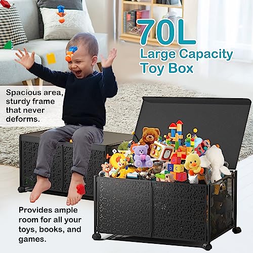 Yoleduo Toy Box Chest Storage Organizer with Lid Collapsible Metal Sturdy Toy Storage Bins with Wheels Storage Boxes Bins Baskets for Kids, Boys, Girls (1 piece, Black)