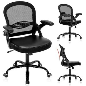 office chair,ergonomic home desk chairs,pu leather thick cushion mesh office chairs,adjustable executive task chair with flip-up pu armrests,360° swivel computer chairs,black