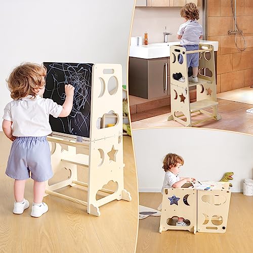 Toddler Kitchen Stool Helper with Chalkboard & Safety Rail, 3 in 1 Learning Tower Toddler Step Stool Kitchen Helper for Bathroom Sink, Kids Folding Step Stool, Standing Tower for Toddlers 1-3