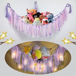 tittaty stuffed animal storage with colorful tassels, boho stuffed animal storage hammock or net with led light, large size animal hammock toy holder for kids bedroom nursery play room(purple)