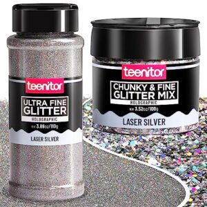 holographic ultra fine glitter & chunky glitters, teenitor 110g resin glitter and 100g chunky craft glitter, nail glitters, festival glitters for epoxy resin tumblers body hair face crafts-silver