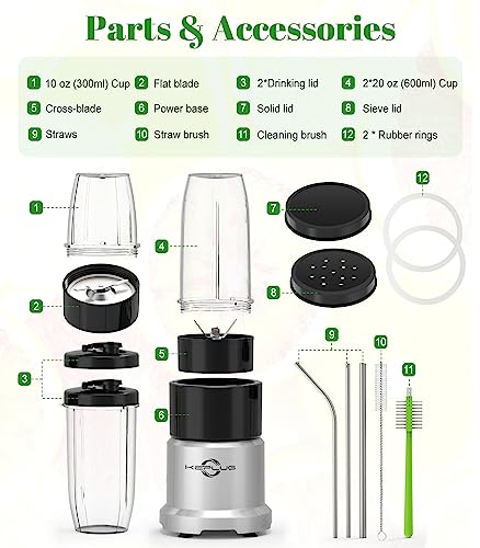 Personal Blender for Shakes and Smoothies, 6 Blades Bullet Blenders for Kitchen 850W, 17 Pieces Smoothie Blender with Grinder, 2 * 20oz To-Go Cups, Countertop Blender for Fruits, Protein Drinks, Ices
