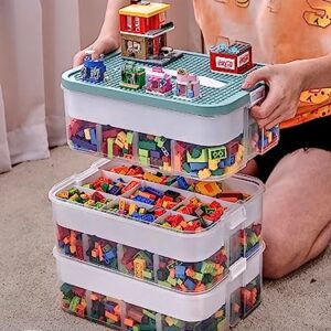 Cube Storage Organizer Bins for Lego Plastic Kids Child Toy Containers with Bricks Baseplate Lids Craft Box 3 Layers Stackable Adjustable Compartments for Building Blocks Puzzle Board Game Chest Book Case