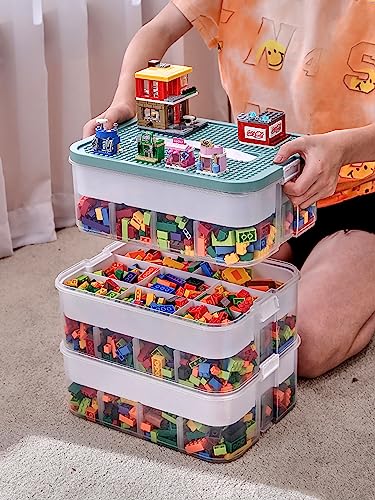 Cube Storage Organizer Bins for Lego Plastic Kids Child Toy Containers with Bricks Baseplate Lids Craft Box 3 Layers Stackable Adjustable Compartments for Building Blocks Puzzle Board Game Chest Book Case