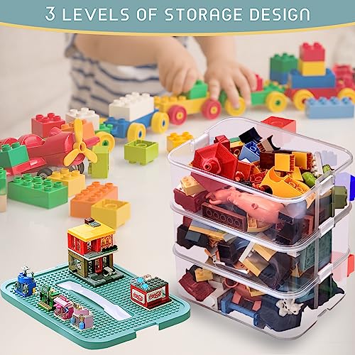 Cube Storage Organizer Bins for Lego Plastic Kids Child Toy Containers with Bricks Baseplate Lids Craft Box 3 Layers Stackable Adjustable Compartments for Building Blocks Puzzle Board Game Chest Book Case