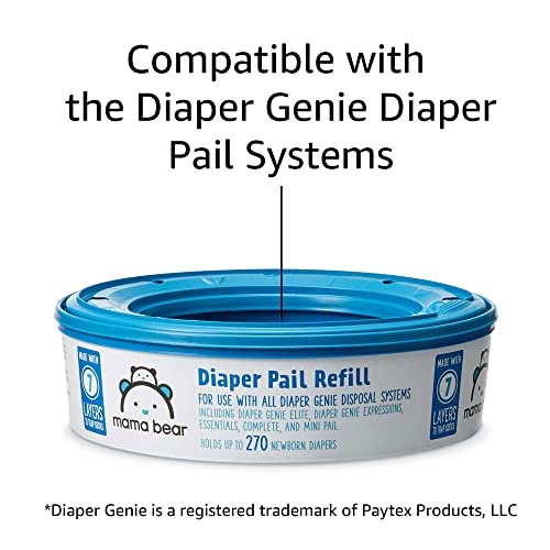 Diaper Genie Complete Diaper Pail (Blue) with Antimicrobial Odor Control, 1 Carbon Filter & Amazon Brand - Mama Bear Diaper Pail Refills Pails, 1080 Count (4 Packs of 270 Count)