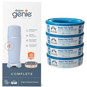 diaper genie complete diaper pail (blue) with antimicrobial odor control, 1 carbon filter & amazon brand - mama bear diaper pail refills pails, 1080 count (4 packs of 270 count)