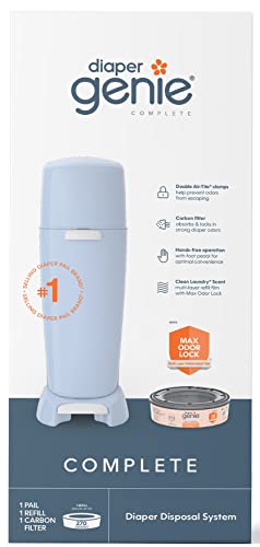 Diaper Genie Complete Diaper Pail (Blue) with Antimicrobial Odor Control, 1 Carbon Filter & Amazon Brand - Mama Bear Diaper Pail Refills Pails, 1080 Count (4 Packs of 270 Count)