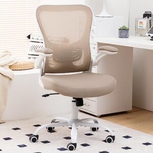 office chair ergonomic desk chair - pu leather thick cushion adjustable height computer chair with lumbar support and flip-up armrests, home office desk chairs, swivel executive task chair, khaki