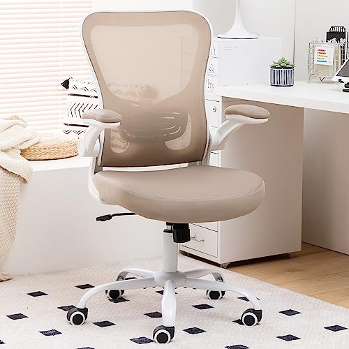 Office Chair Ergonomic Desk Chair - PU Leather Thick Cushion Adjustable Height Computer Chair with Lumbar Support and Flip-up Armrests, Home Office Desk Chairs, Swivel Executive Task Chair, Khaki