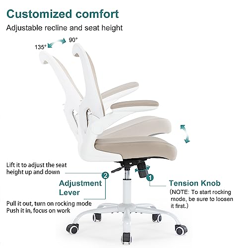 Office Chair Ergonomic Desk Chair - PU Leather Thick Cushion Adjustable Height Computer Chair with Lumbar Support and Flip-up Armrests, Home Office Desk Chairs, Swivel Executive Task Chair, Khaki