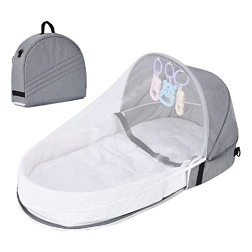 Baby Travel Cot, Portable Travel Cot Baby with Mosquito Net and Toys, Collapsible Baby Cot Foldable Carrycot Baby Bed Cot Travel Cot Baby Bed for Newborn Children (Gray)