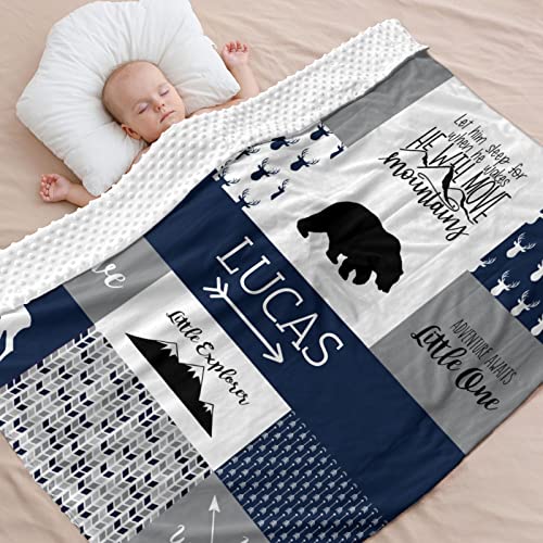 Personalized Baby Blanket for Boys - Custom Baby Blankets for Boys - Deer Baby Blanket- Woodland Nursery Décor - Baby Blankets for Boys Personalized (Blue Woodland)