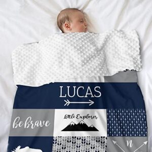 Personalized Baby Blanket for Boys - Custom Baby Blankets for Boys - Deer Baby Blanket- Woodland Nursery Décor - Baby Blankets for Boys Personalized (Blue Woodland)