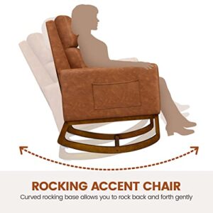 Topeakmart Nursery Rocking Chair, PU Leather Modern Accent Chair with Wood Legs Side Pocket Armchair Glider Rocker for Nursery Living Room Bedroom Lounge, Brown